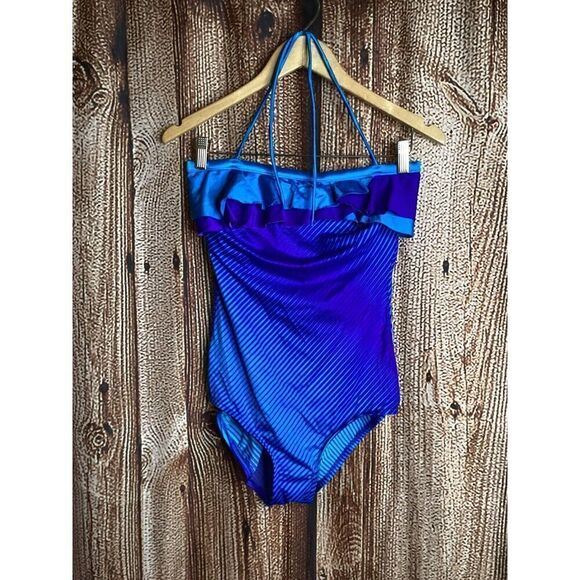 Vintage ILGWU Union Blue Ombré Striped Layered Halter Swimsuit Bathing 16 USA - Picture 1 of 3